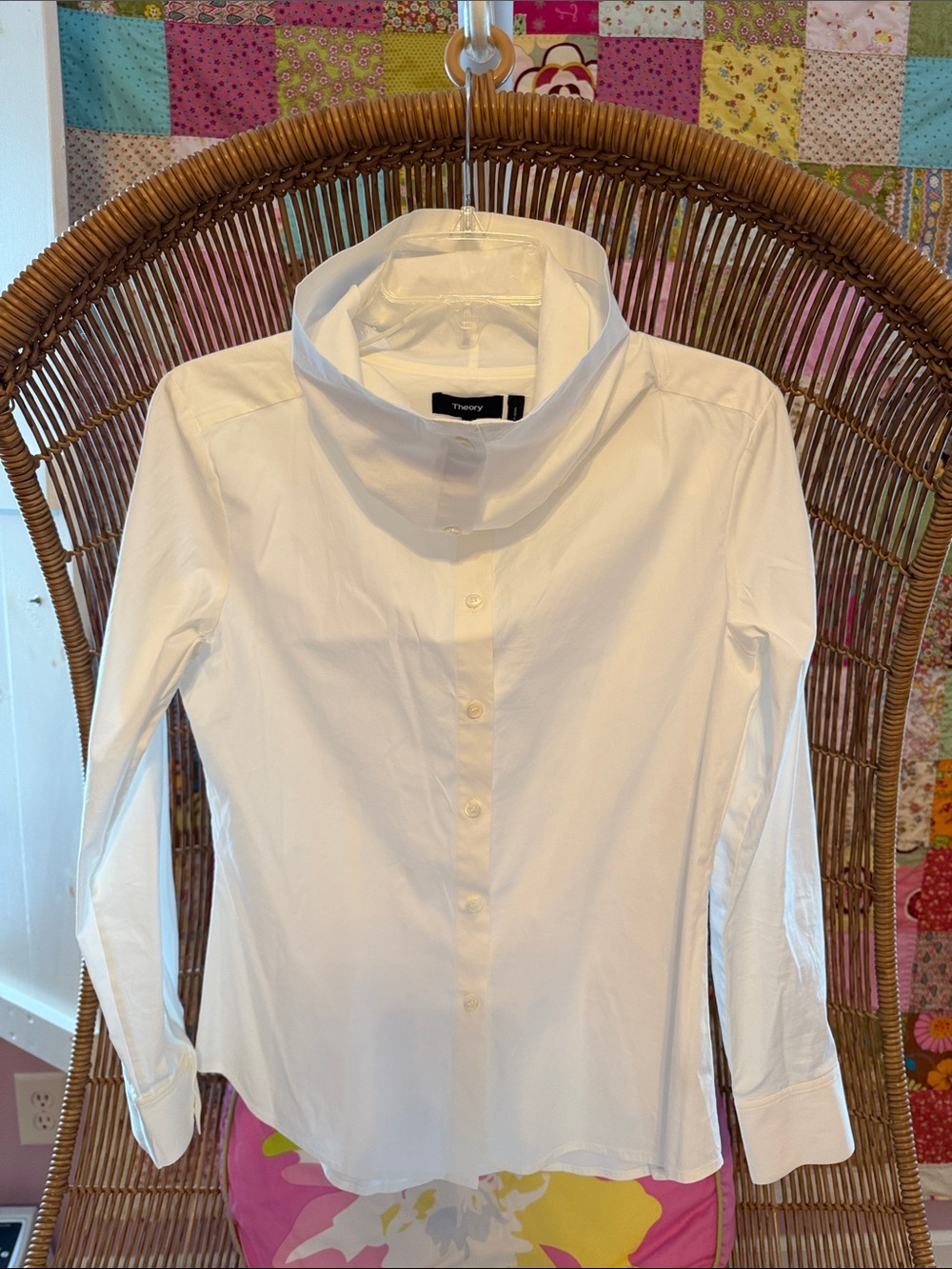 Theory White Button-Down Cotton Shirt with Stand Collar